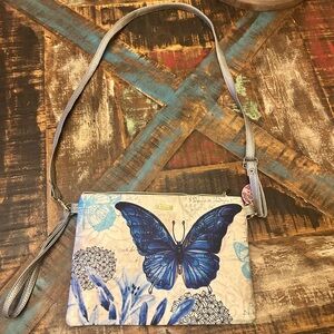 Blue Butterfly Print Crossbody clutch Wristlet Zipper&Removable Strap NEW